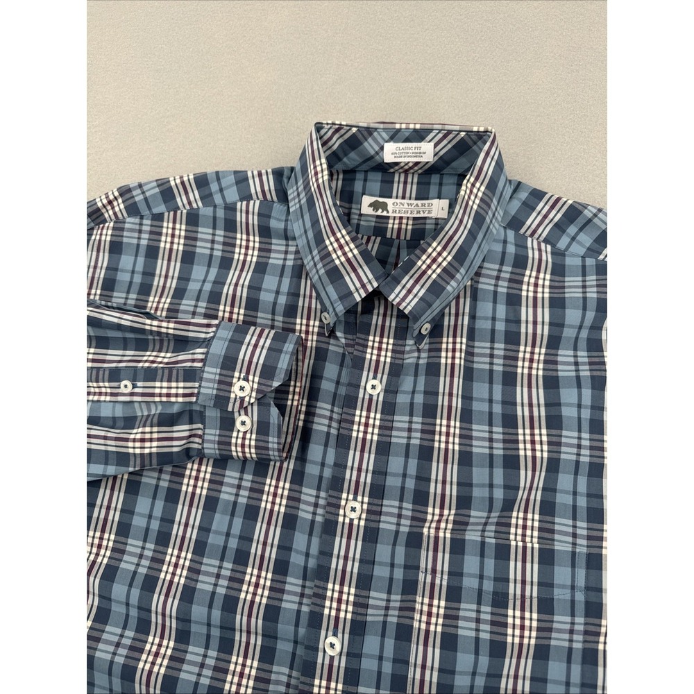 Onward Reserve Classic Fit Cotton Button Down Mens L Blue Plaid Performance
